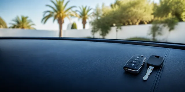 Spare car keys on navy upholstery with residential greenery softly blurred