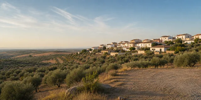 Inland Mediterranean townscape with olive groves and terracotta rooftops