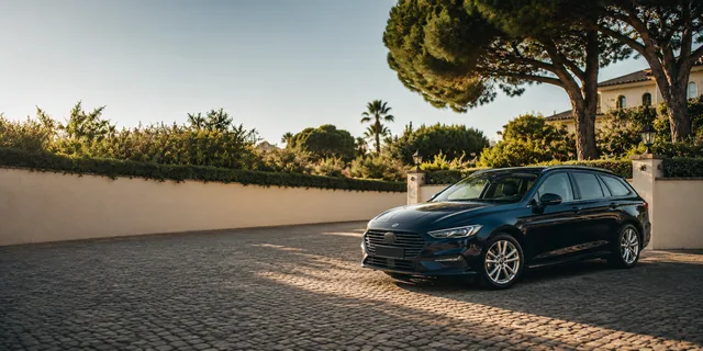 Navy estate car parked beside a leafy Mediterranean residence